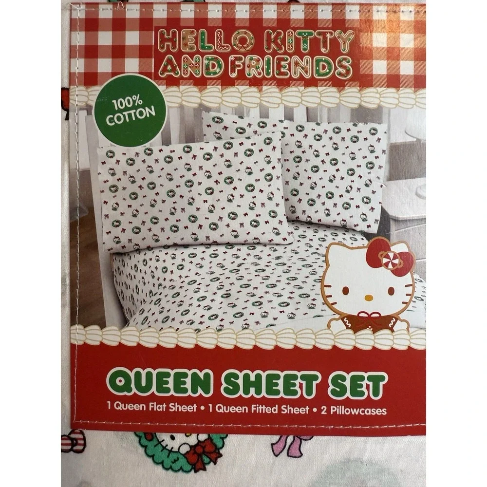 New Hello Kitty Christmas Bow Wreath Queen 4-pc Sheet Set‎ Sanrio Cotton Holiday